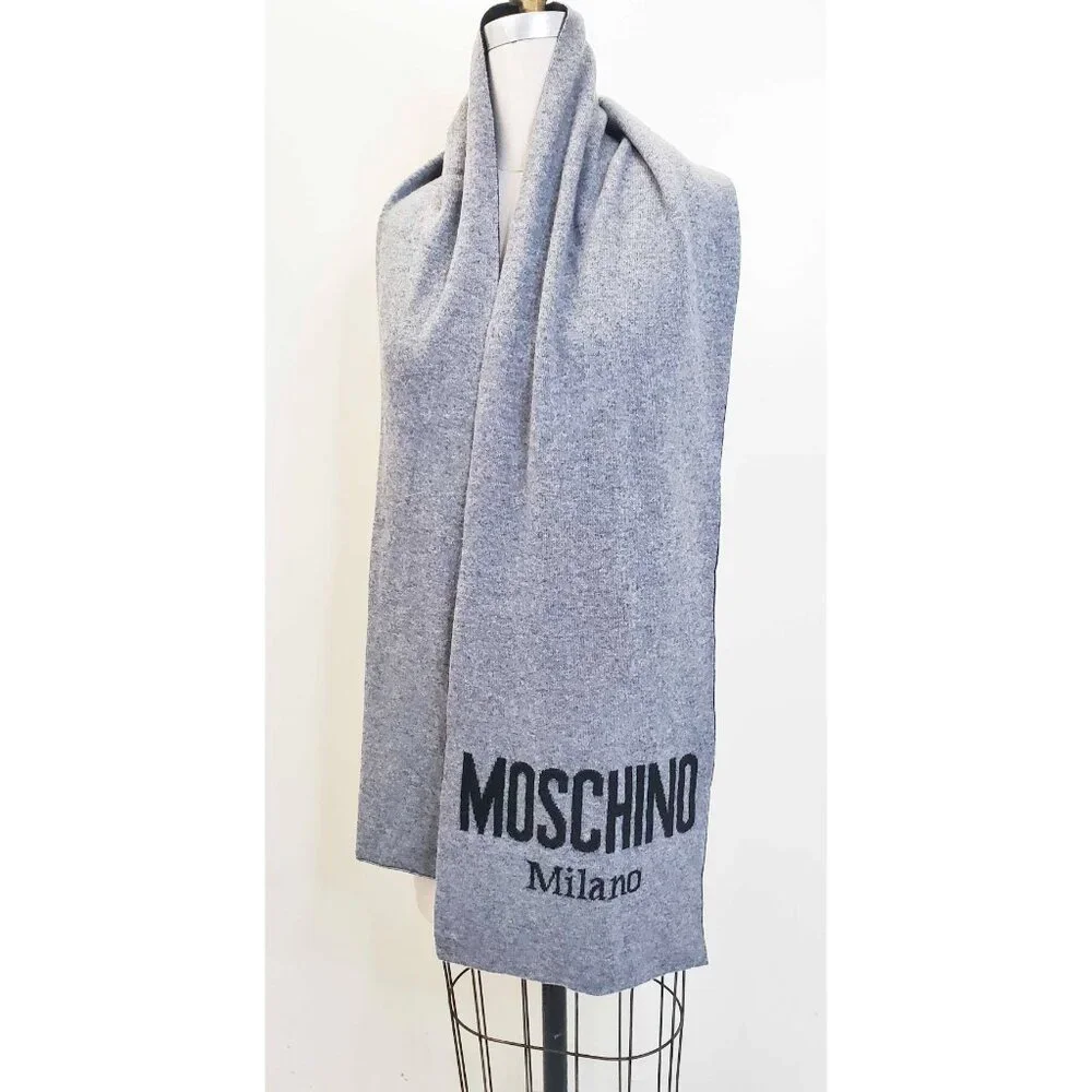 Moschino Unisex Wool Black Gray Logo Scarf Italy